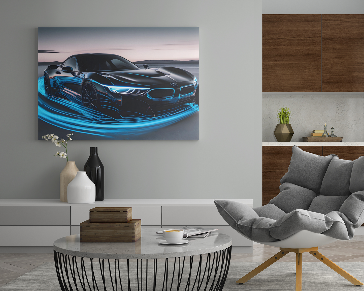 Experience the speed of light with our long exposure car canvas print, a mesmerising blend of motion and style. This stunning artwork captures the essence of speed and dynamism, showcasing a sleek sports car in a striking combination of black and electric blue.