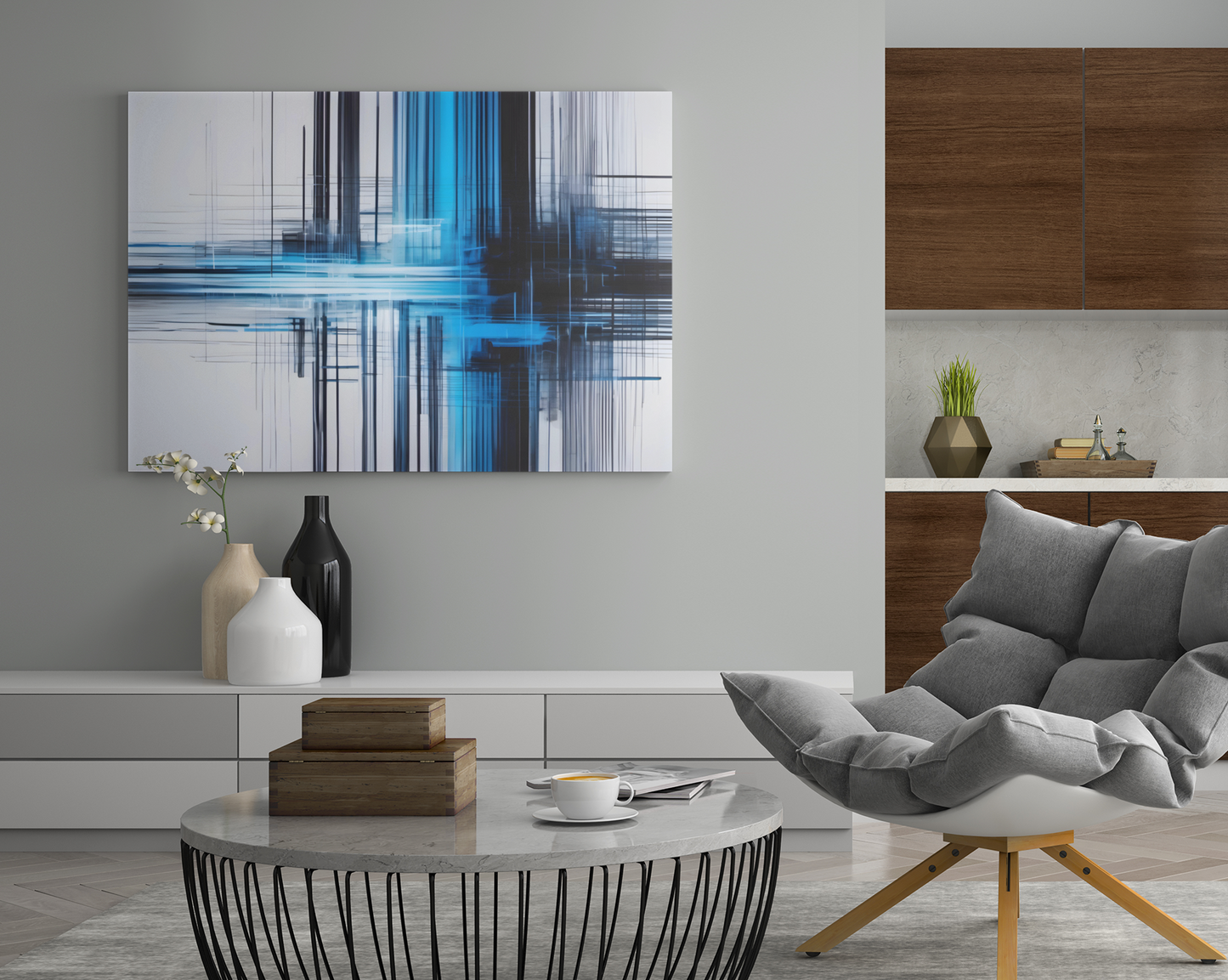 Black, blue and grey abstract canvas print. Whether displayed in your living room, bedroom, or office, this canvas print adds a touch of elegance and artistic flair to any setting. It's a versatile piece that complements both modern and traditional decor styles, making it a timeless addition to your collection.