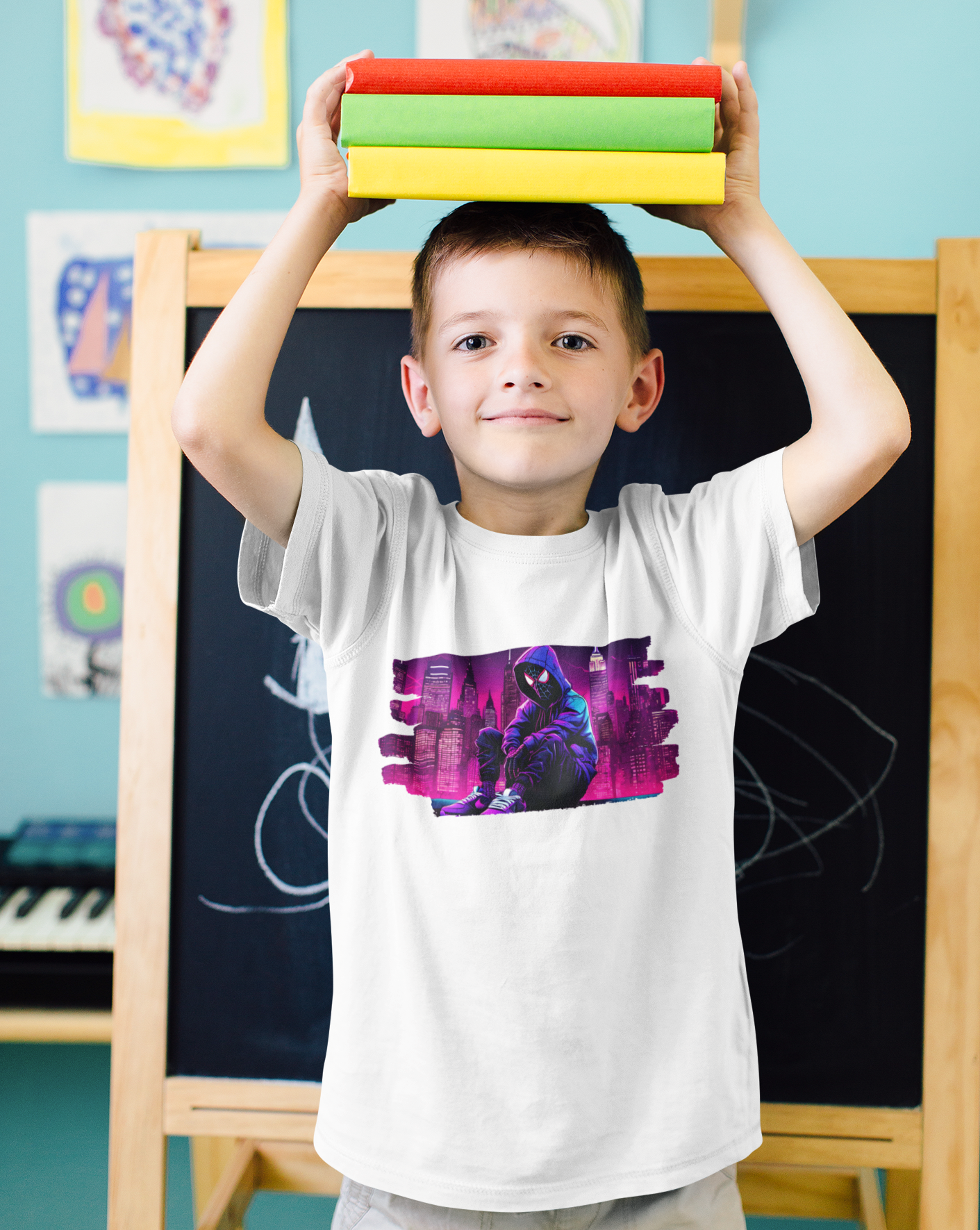 Dive into the world of Spider-Man with our kids splash print t-shirt, a dynamic blend of superhero style and unbeatable comfort. Featuring a striking image of a hooded Spider-Man against a backdrop of a purple-hued cityscape, this tee is sure to turn heads. Crafted for ultimate comfort, this unisex soft-style t-shirt redefines casual wear.