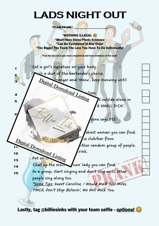 Looking for a fun and exciting way to spend your night out with the boys? Look no further! Our Lads Night Out Scavenger Hunt is the perfect activity for a group of friends looking for an action-packed evening.