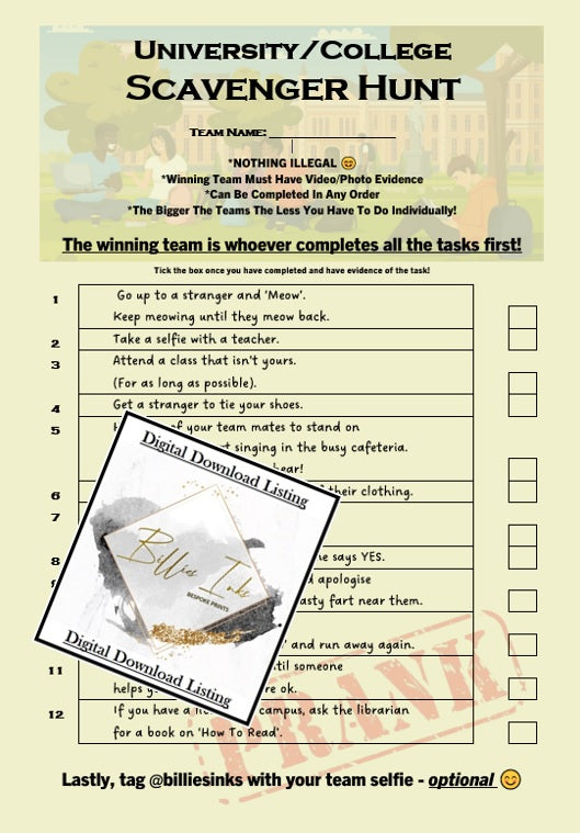 Looking for a fun and exciting way to spend your day at university/college? Look no further! Our University/College Scavenger Hunt is the perfect activity for a group of friends looking for an action-packed day.