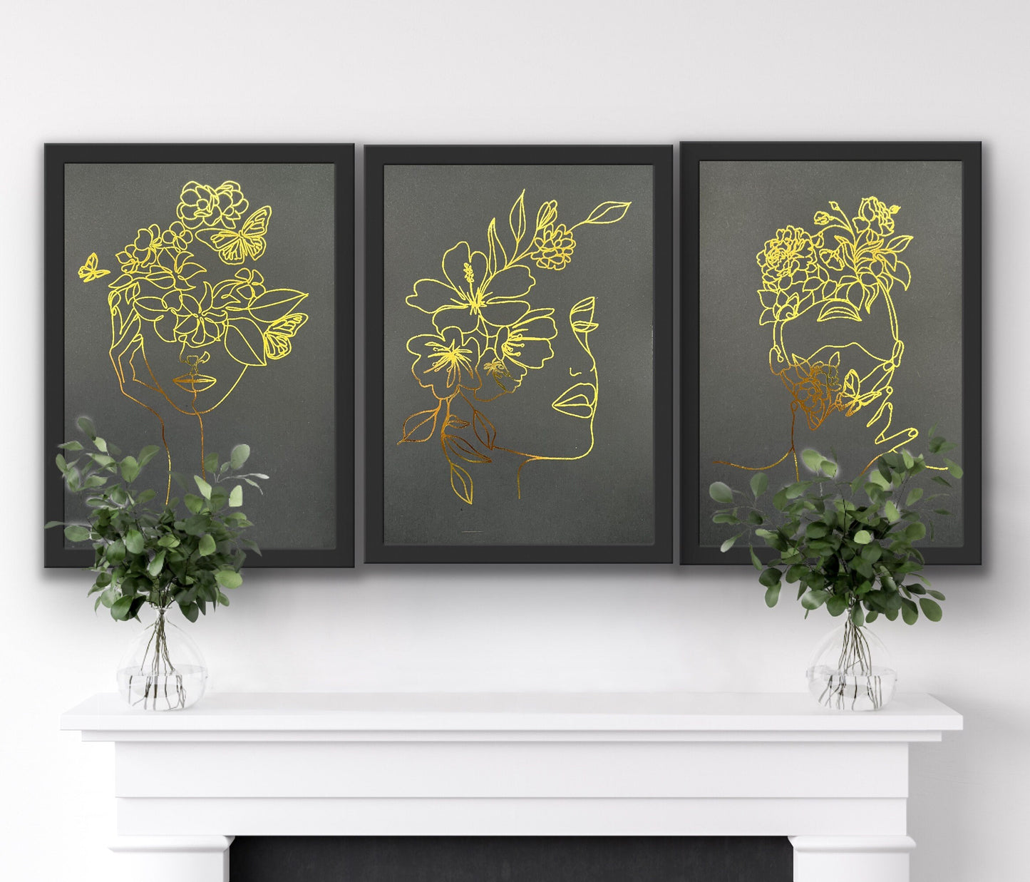 Set of 3 Face, One Line Drawing Foil Prints Black/Gold