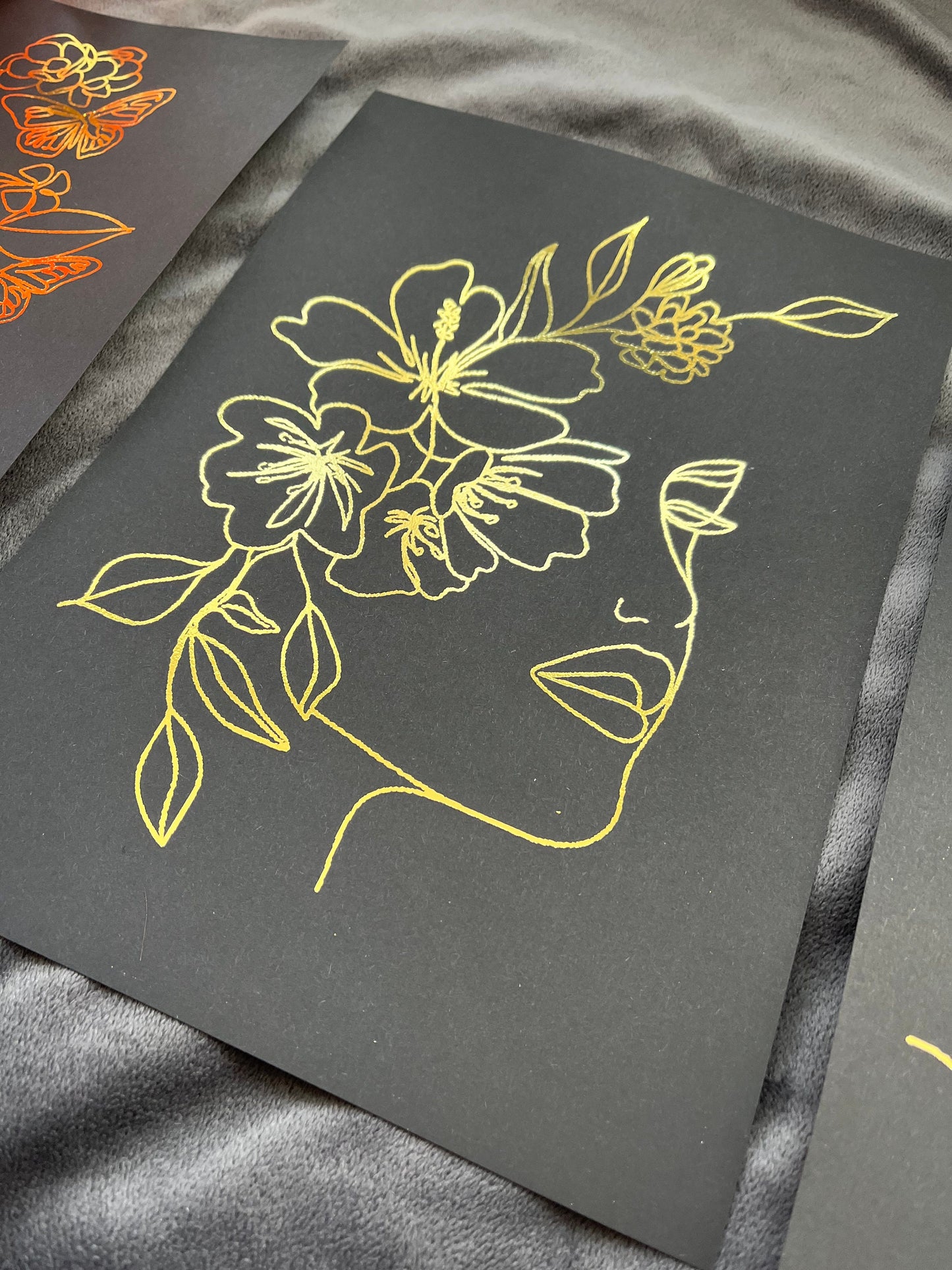 Set of 3 Face, One Line Drawing Foil Prints Black/Gold