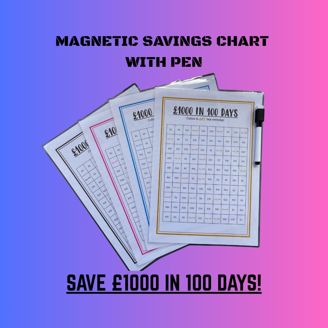 Magnetic, Fridge Saving Chart With Pen, Save 1000 Pounds In 100 Days
