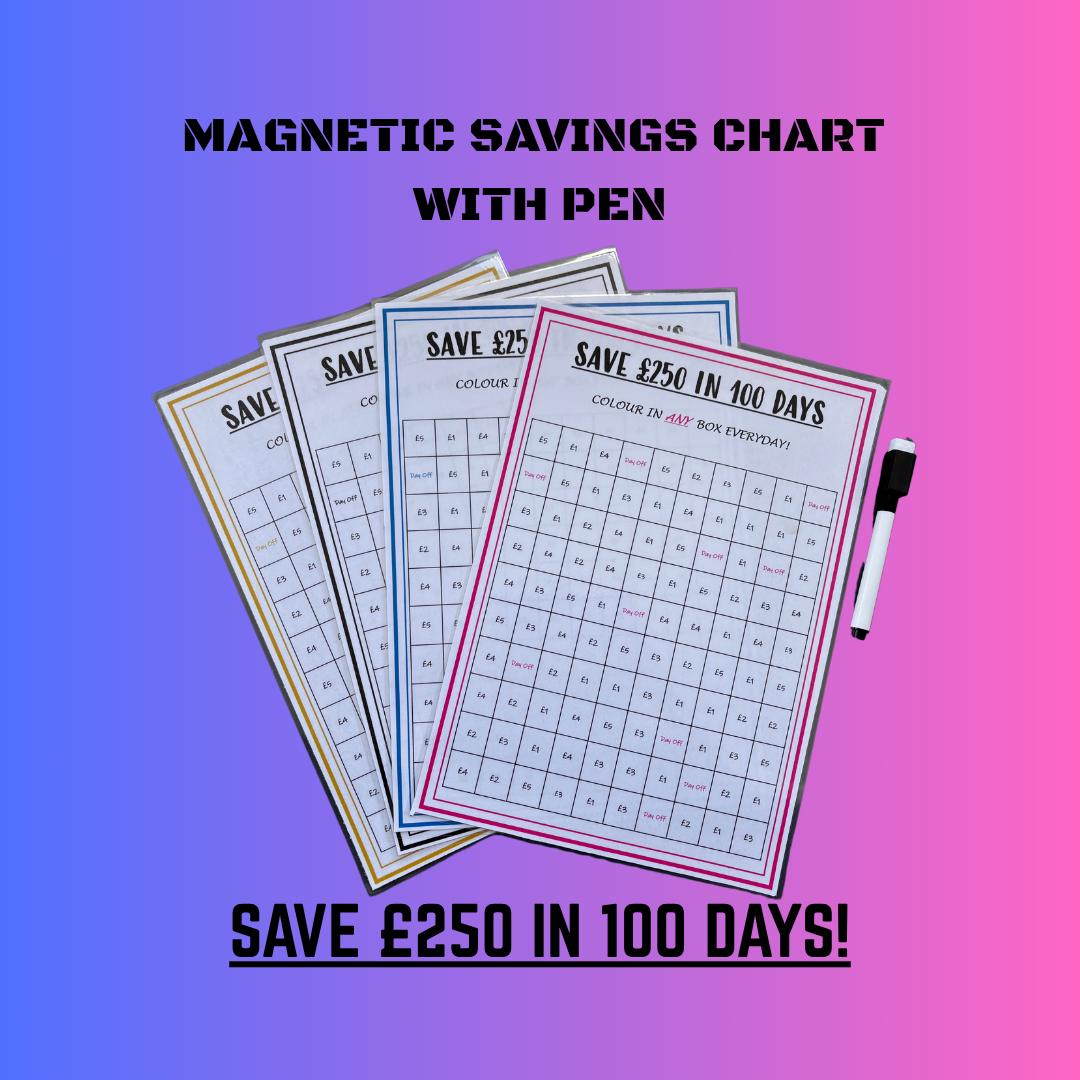 Magnetic, Fridge Saving Chart With Pen, Save 250 Pounds In 100 Days