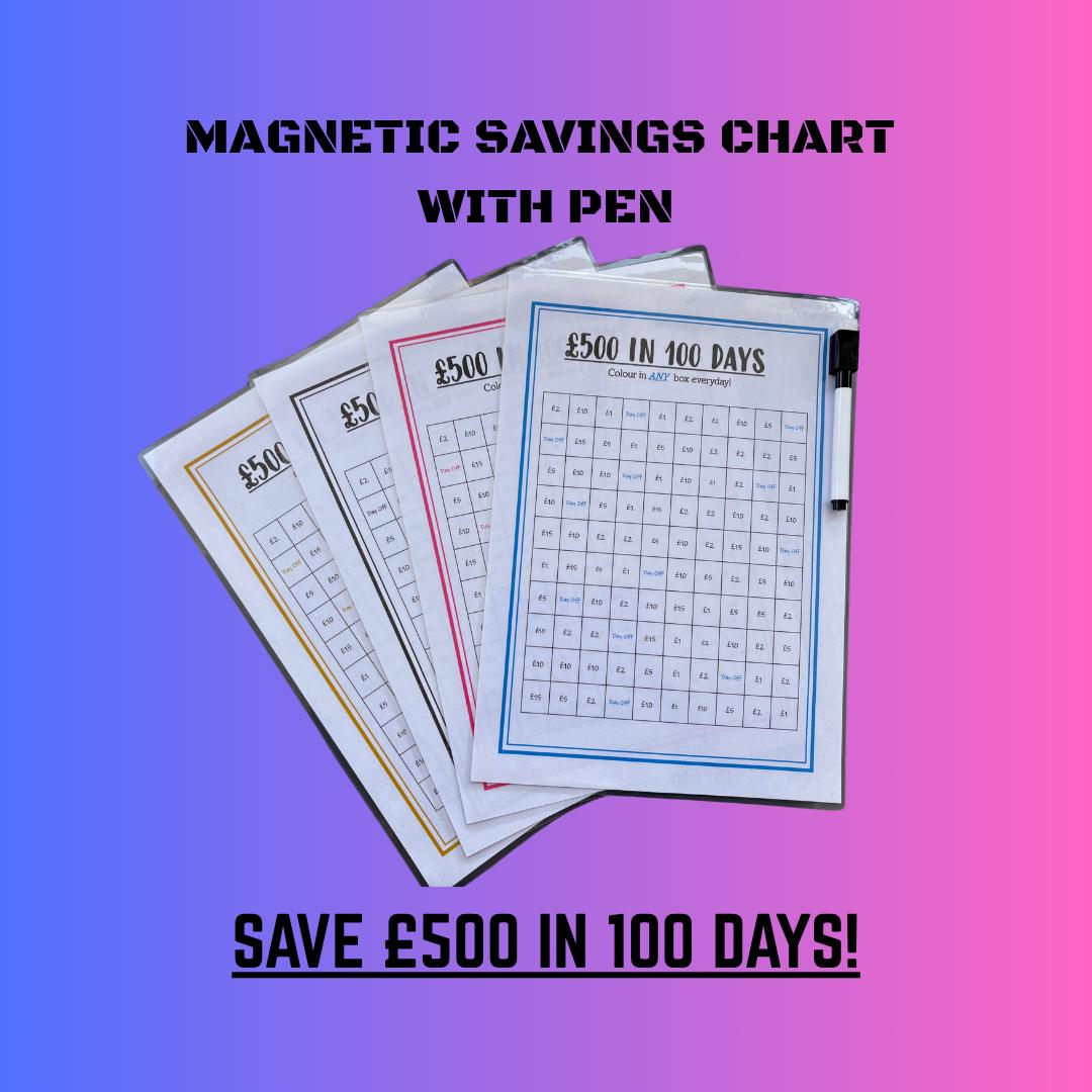Magnetic, Fridge Saving Chart With Pen, Save 500 Pounds In 100 Days
