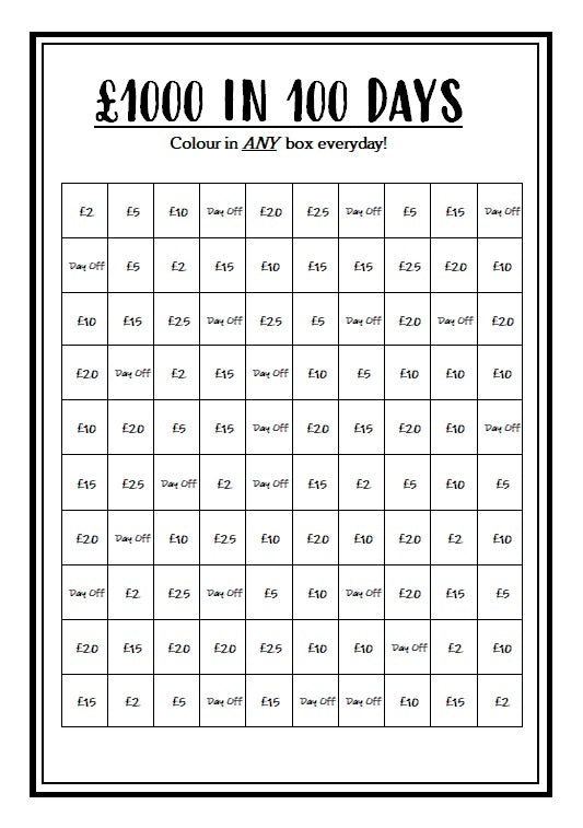 The Achievable Saving Chart, Save 1000 Pounds In 100 Days, Includes Days Off!