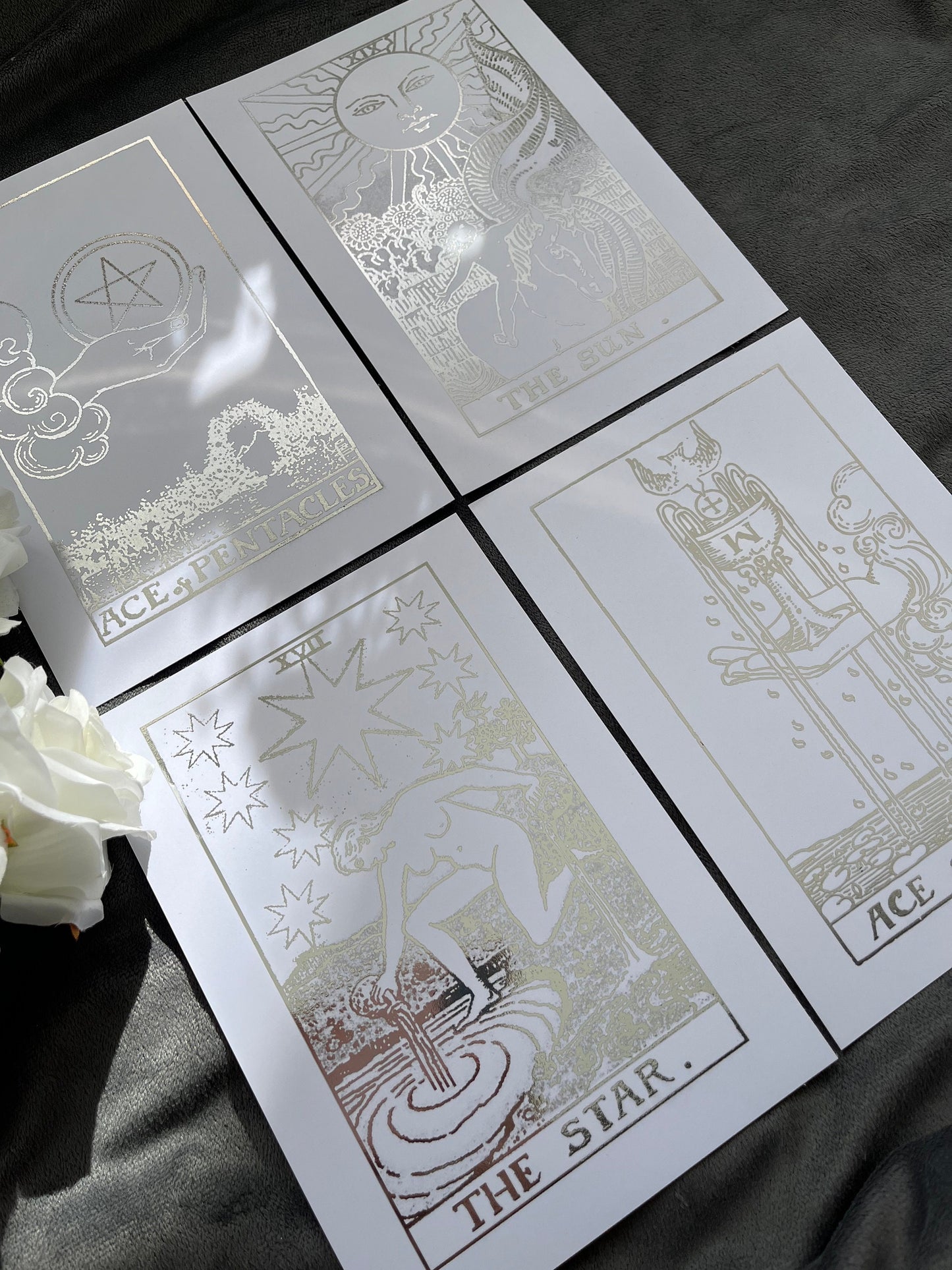 Set of 4, Tarot Card Foil Prints White/Silver
